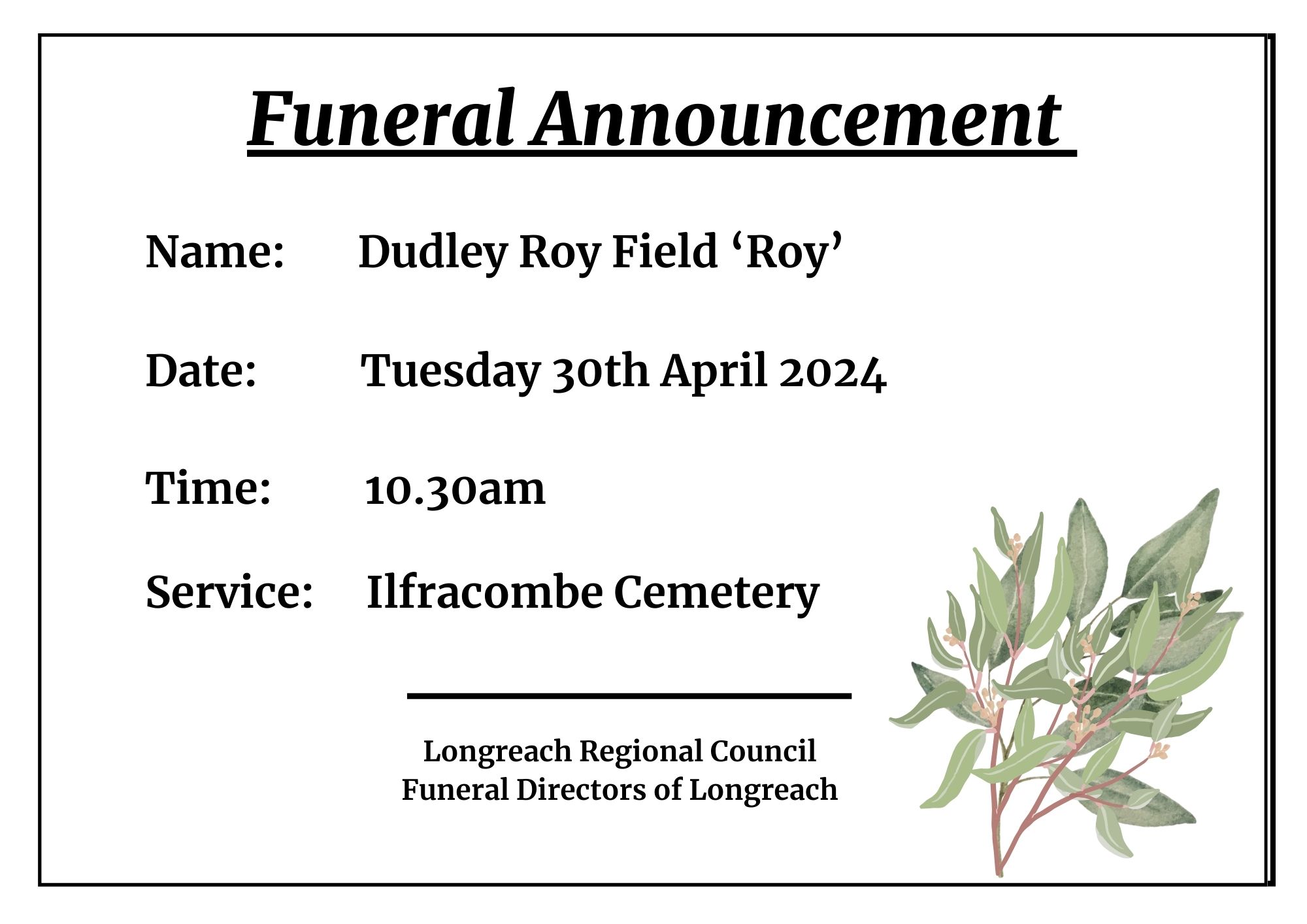 Funeral announcement dudley roy field